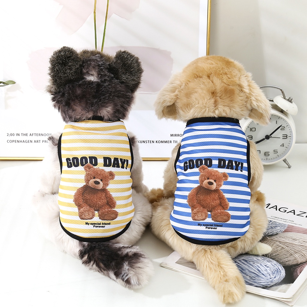 Kaus Rompi Motif Kartun Beruang Garis Bahan Katun Ukuran XS-XXL Untuk Anjing Peliharaan