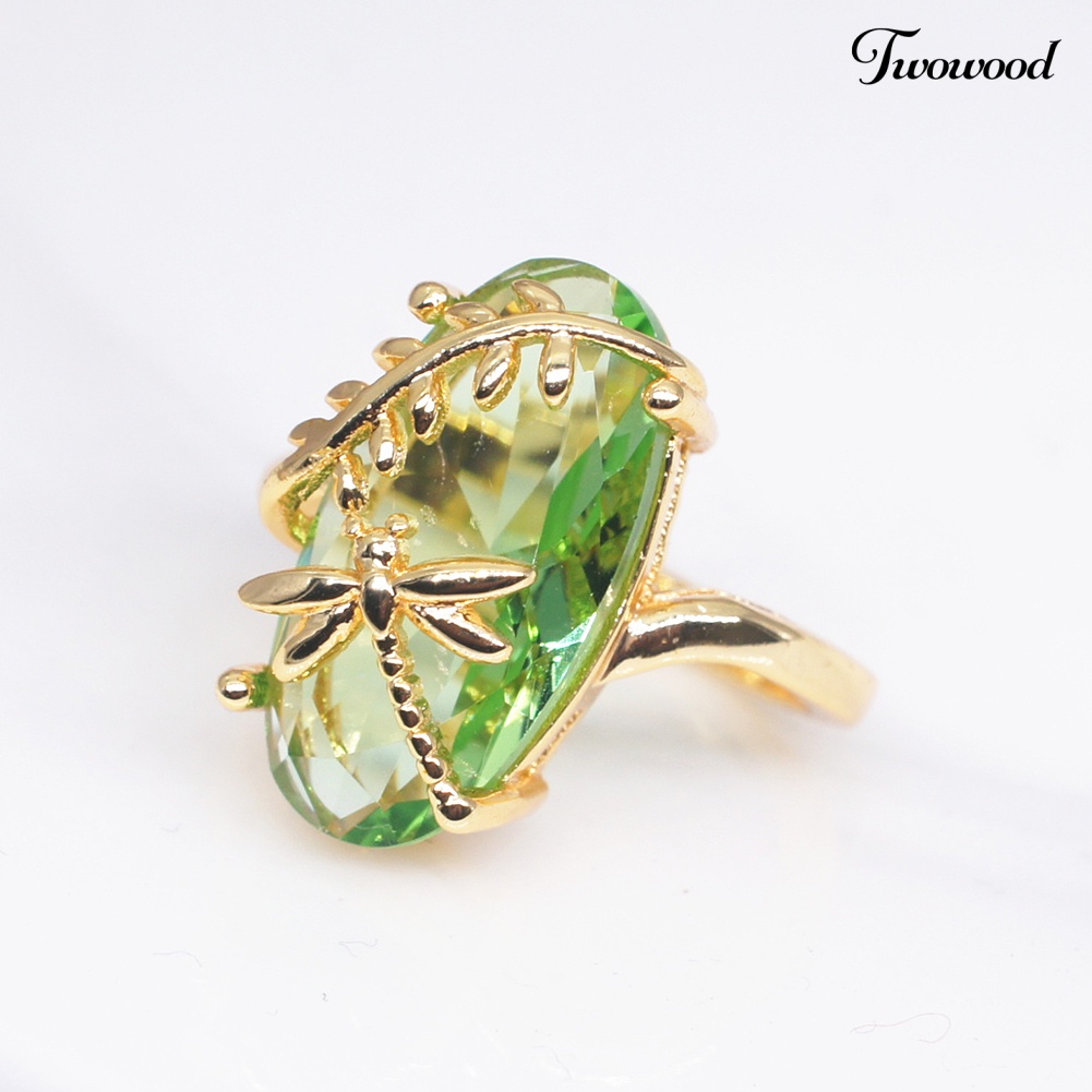 Twowood Chic Wanita Capung Daun Oval Permata Imitasi Twist Jari Cincin Hadiah Perhiasan Pernikahan