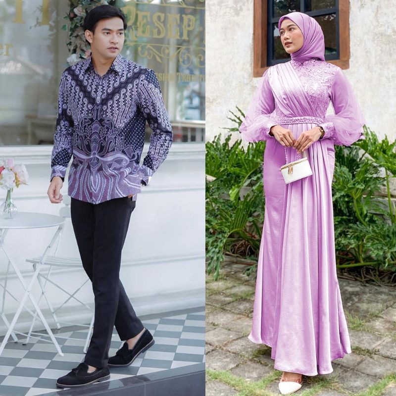 BATIK EXPRESS - Gamis Couple Adeeva Dress Kondangan Dan Lebaran Modern Dress Satin Mix Brokat Payet Premium Dress Sarimbit Modern Gamis Couple