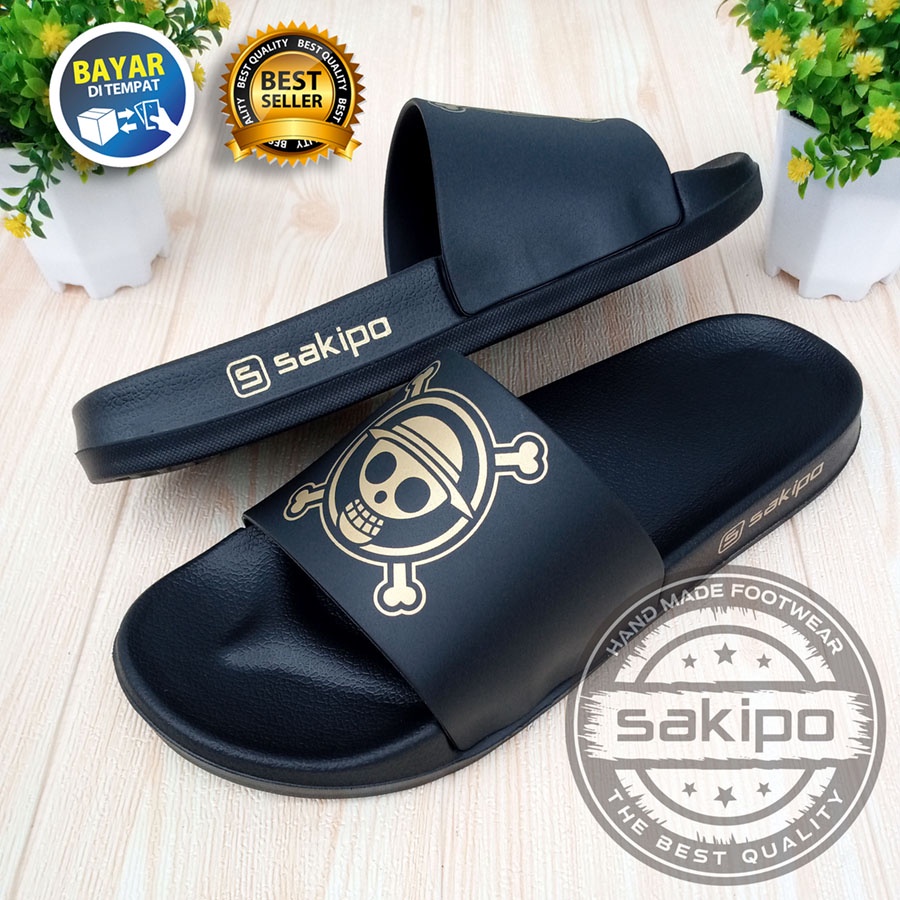 PROMO 2.2 COD SALE !! SANDAL DISTRO KEREN KEKINIAN PRIA DEWASA REMAJA SLIDE HITAM EMAS MOTIF TENGKORAK LUFFI ONE PEACE / SENDAL SLIDE MURAH / SANDAL TAHAN AIR KEKINIAN / SAKIPO