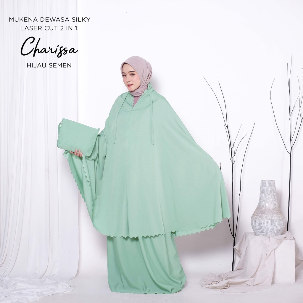 PUSAT MUKENA TASIK - MUKENA DEWASA POLOS SILKY LASER CUT 2 IN 1 CHARISSA