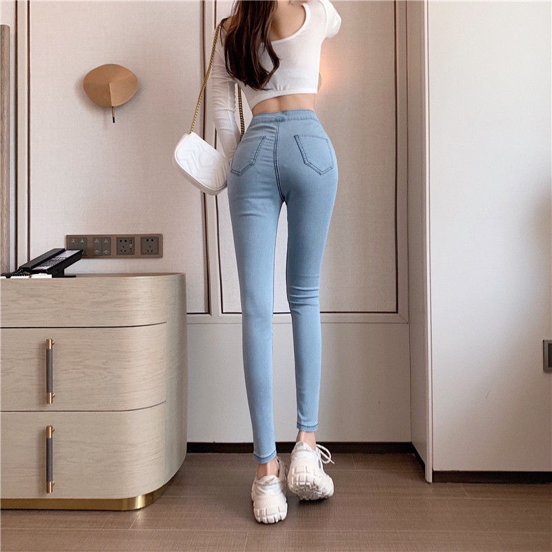 Red Pinggang tinggi kurus elastis tas pinggul celana pensil denim wanita musim gugur dan musim dingin diri budidaya all-match ramping dan tinggi celana pensil sembilan titik