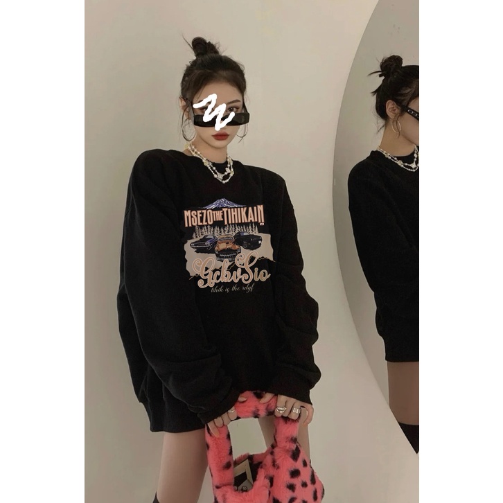 EUNII Sweater Lengan Panjang Retro Three Car Prting Korean Style/Sweater Crop/Baju Wanita/Switer Wanita/Switer