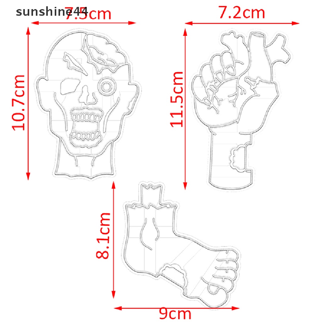 Sunshine 1/3Pcs Halloween Zombie Cookie Pemotong DIY Plastik Kartun Baking Aksesoris.