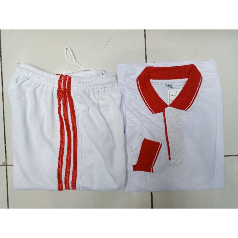 SETELAN BAJU OLAHRAGA PUTIH MERAH TANGAN PANJANG