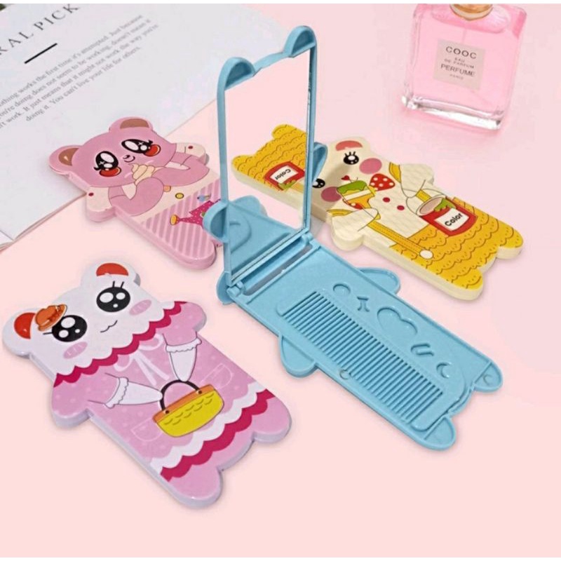 Sisir Cermin Beruang Motif Cute 2 in 1 Cermin Kotak