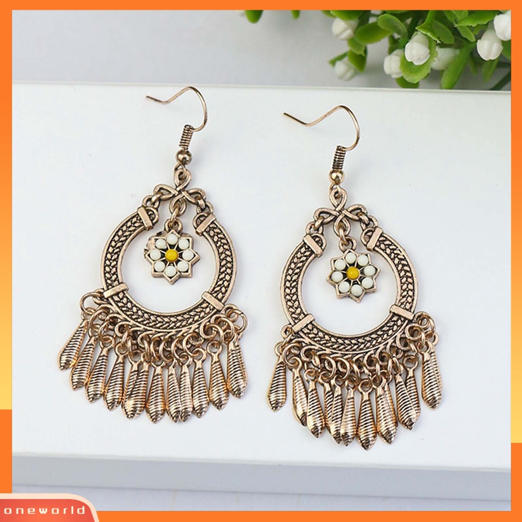 {oneworld} 1pasang Manik-Manik Multicolor Shiny Drop Earrings Bohemian Hollow Vintage Hook Earrings Perhiasan Pesta