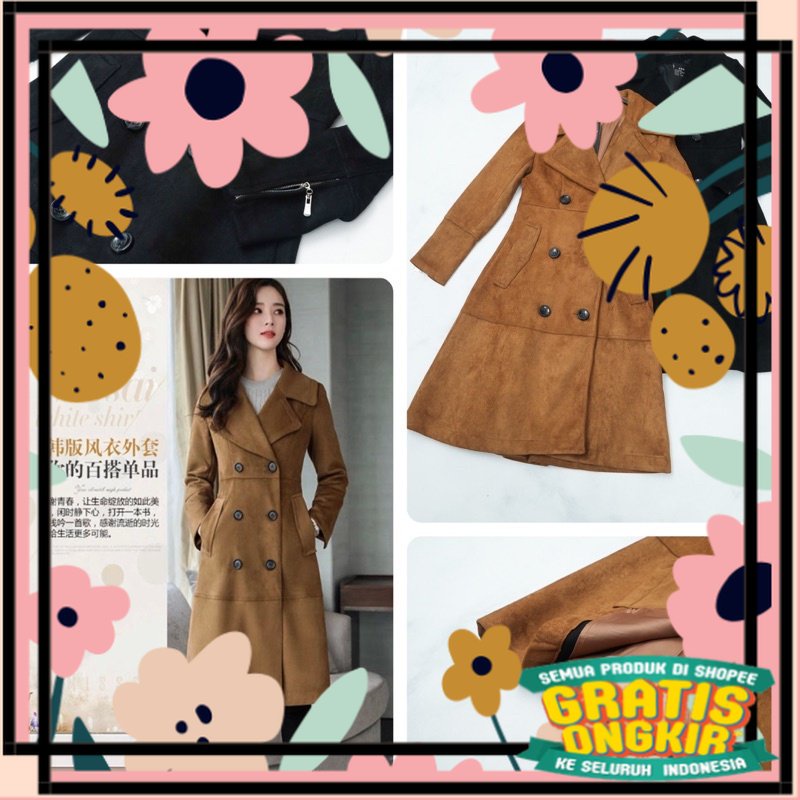 Jaket hoidie sweater atasan oversize hitam putih / LONG COAT WANITA BAHAN KULIT SUEDE IMPORT MEWAH P