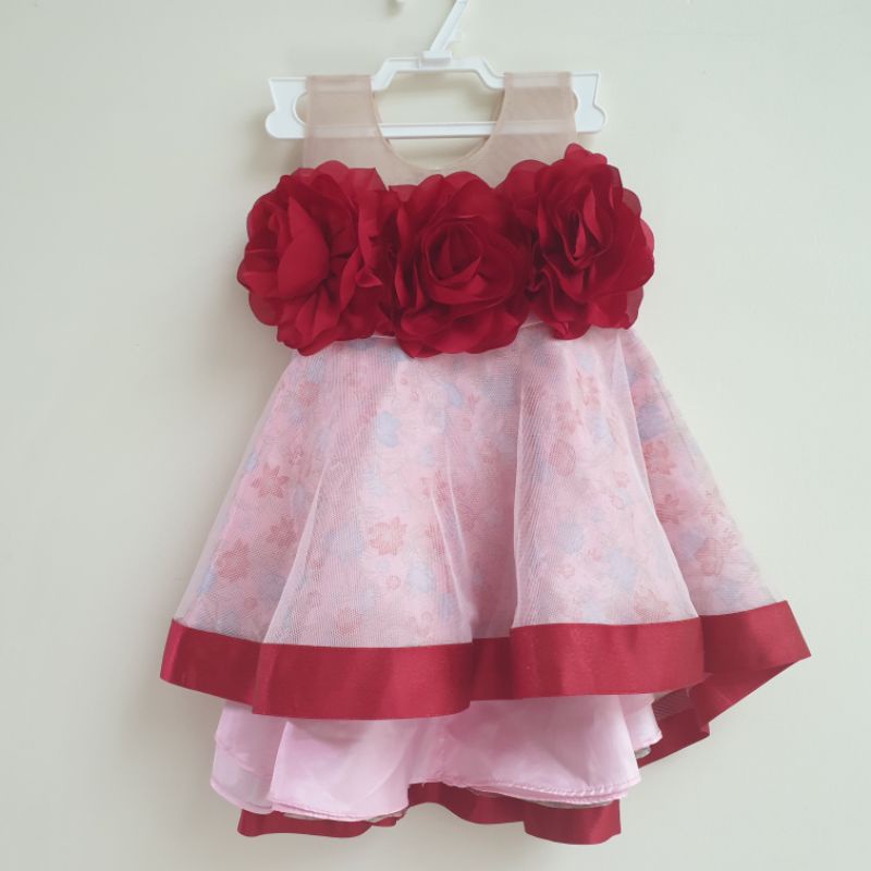 Baju Pesta 1TH Bayi Anak Perempuan - Tile Brokat Tulle Dress Gold - Bunga Pink Red