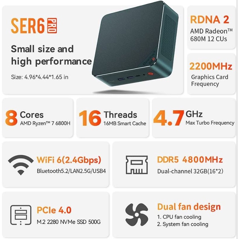 Mini PC Beelink SER6 PRO AMD Ryzen 7 6800H/7735HS 32/500GB Wifi Windows 11 Pro