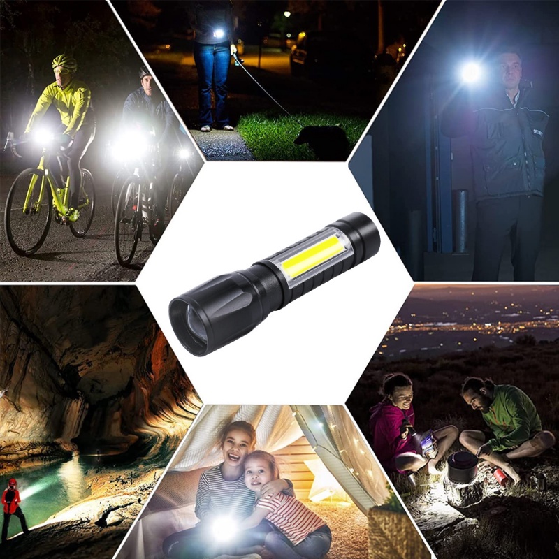 Senter LED Portable COB Light/Zoom Baterai Bawaan USB Rechargeable 3mode Waterproof Emergency Torch