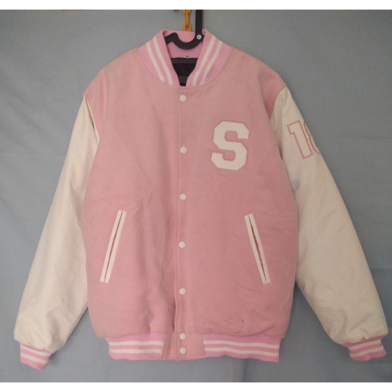 [IMPORT] S Varsity Jacket University Leather Sleeve Baby Pink Big Size / Jaket Baseball Huruf S Tang