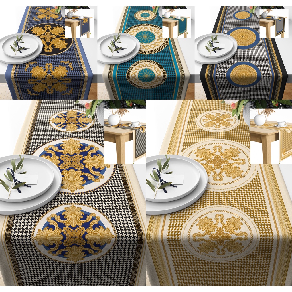 Table Runner / Taplak Meja Motif Luxury 140x40 230X40 cm Ujung Persegi 4 Gantungan Tassel Gold Biru Mewah Estetik