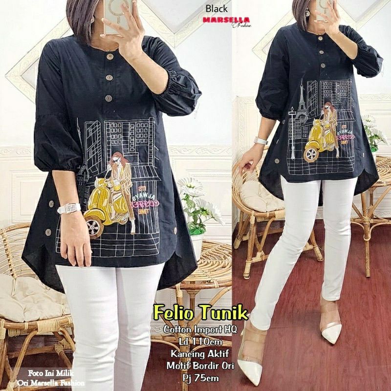 Felio Tunik, TUNIK WANITA MOTIF BORDIR FIT XL LD 106 BAHAN KATUN IMPORT MIX BORDIR TERMURAH TERLARIS OOTD