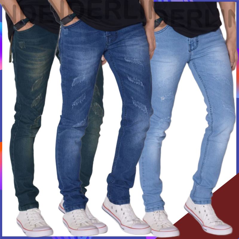 Celana Jeans pria streach karet original motif leaf