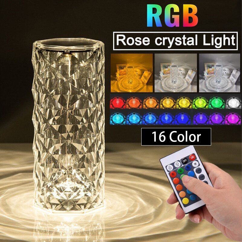 BOSJKT1504 Lampu Meja Kristal LED Rose Diamond Table Lamp 3/16 Colors Lampu Hias Dekorasi