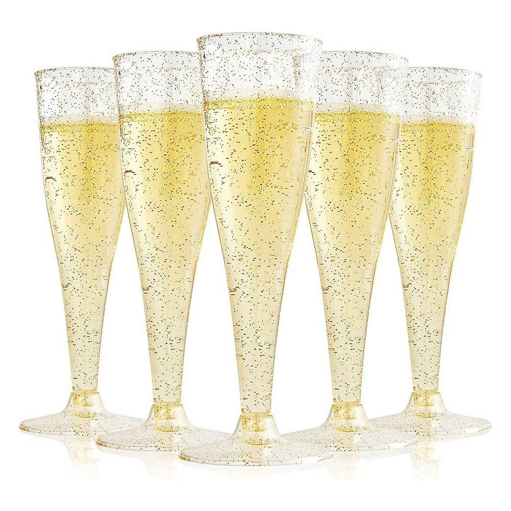 Suyo 10 Pcs Plastik Champagne Suling Tahun Baru Food Grade Transparan Daur Ulang Perlengkapan Pesta Pelek Emas Glitter Reusable