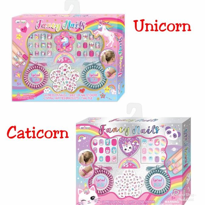 Kuku Palsu Anak Unicorn Fancy Nails Ikat Rambut plus Sticker Kuku