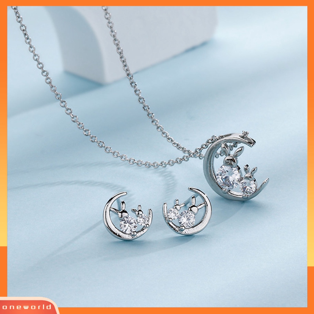 [WONE] Anting Pejantan Manis Berkilau Gaya Korea Kelinci Bulan Hias Berlian Imitasi Liontin Kalung Telinga Studs Perhiasan Aksesori