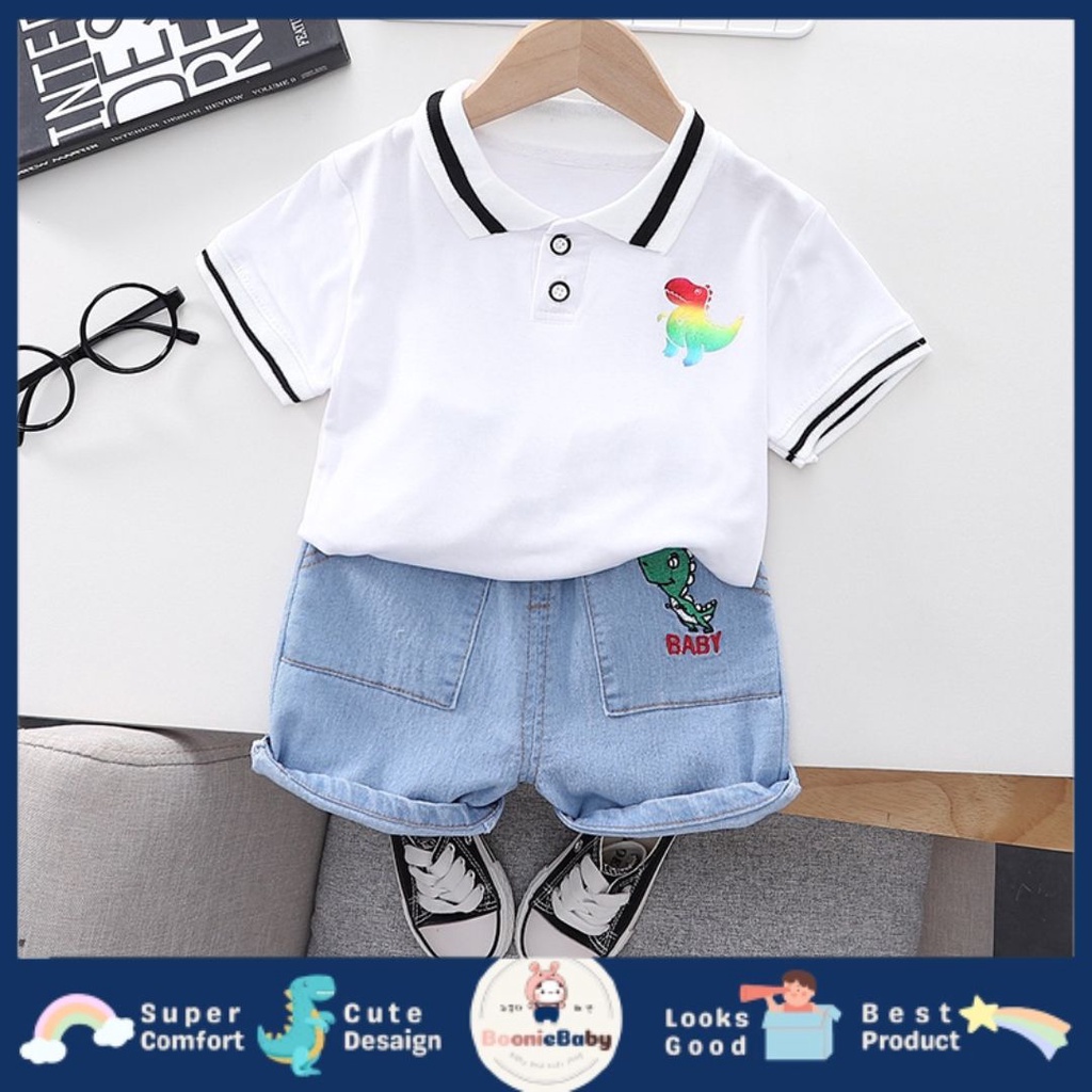 boonie [COD] DINO LIGHT setelan kaos kra polo anak laki laki impor celana pendek polos import fashion