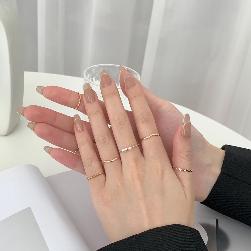 5pcs/set Cincin Logam Set Sederhana Mewah Mutiara Geometri Adjustable Jari Rings Wanita Perhiasan