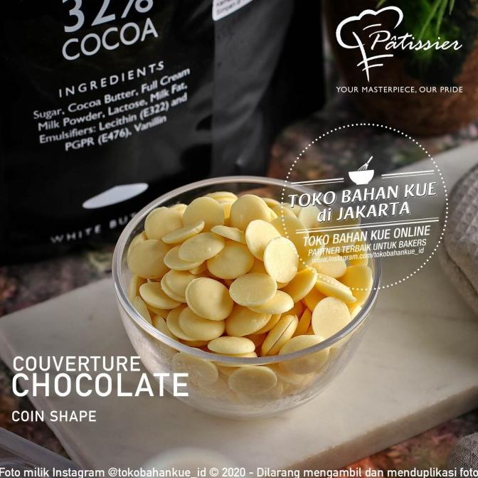

Patissier Chocolate 32% White Couverture 100gr Repak Coklat Putih Coin