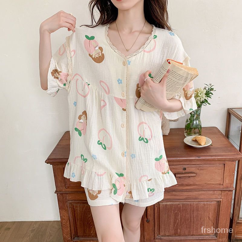 Jepang manis manis piyama musim panas wanita katun musim panas gadis renda renda katun linen gaya pu