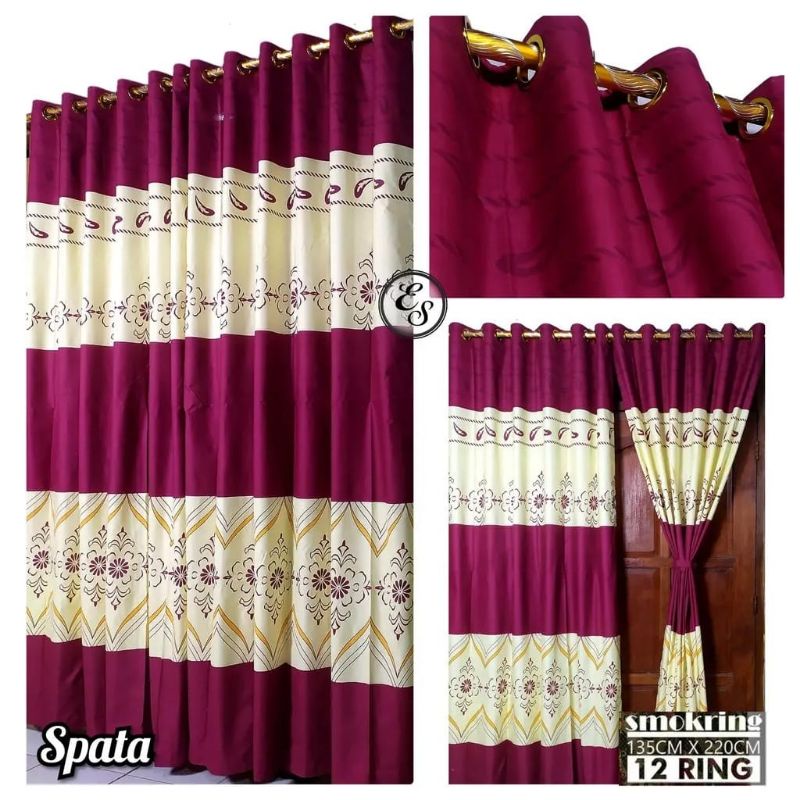 Paket Couple Gorden Smokering 12 Lubang Motif Spata [ Tirai Serut Rumbai Jendela Pintu Minimalis ] Korden Susun Rumbai