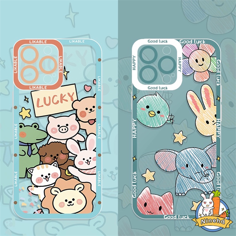 Casing Compatible for Iphone 14 13 12 11 Pro Max Xr Xs Max 7 8 Plus SE 2020 Gambar Kartun Lucu Cute Happy Cartoon Animal Four-corner Anti-drop Anti-dirty Soft  TPU Phone Case