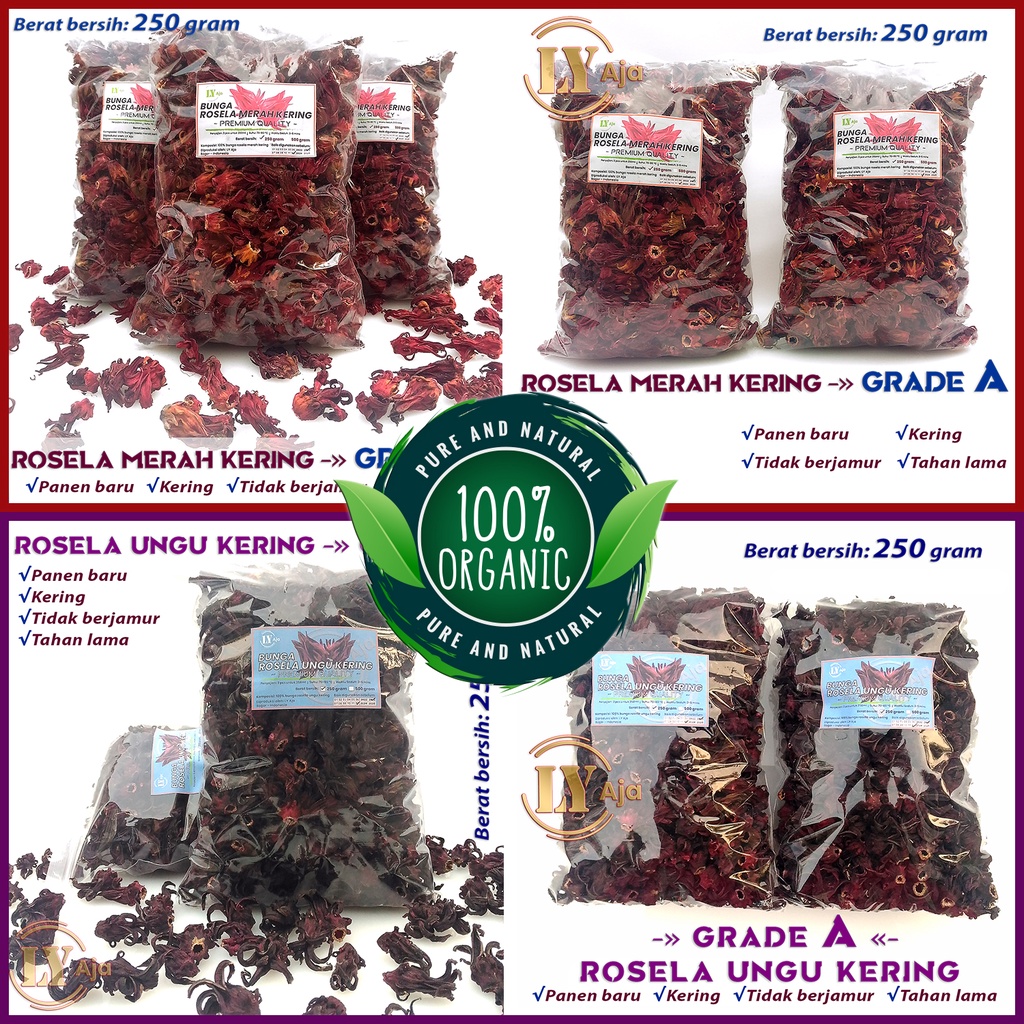 Teh Bunga Rosela Merah dan Ungu Kering 250 Gram Rosella Roselle Grade A Premium LY Aja 250 Gr Herbal Pelangsing Diet