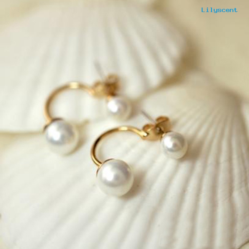 [LS] 1pasang Ear Stud Double Faux Pearl Chic Alloy Fashion Pernikahan Anting Untuk Wanita