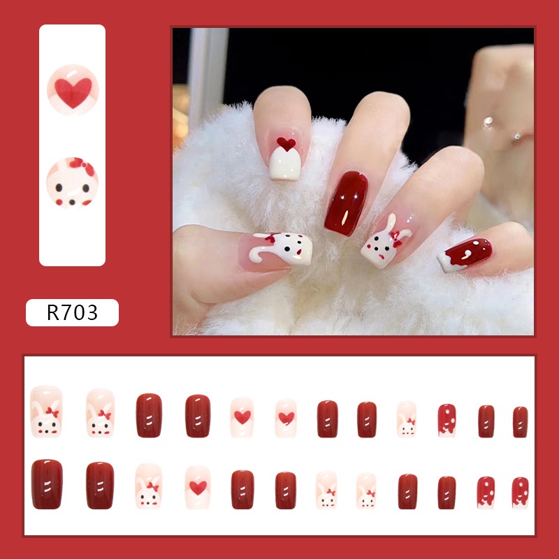 Paku Palsu Motif Lovely White Rabbit Red Heart Kuku Palsu Persegi Isi 24pcs/box R703