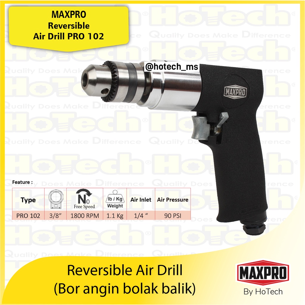 Reversible Air Drill PRO 102 | Bor Angin Size 3/8" 1800RPM | Bor Angin