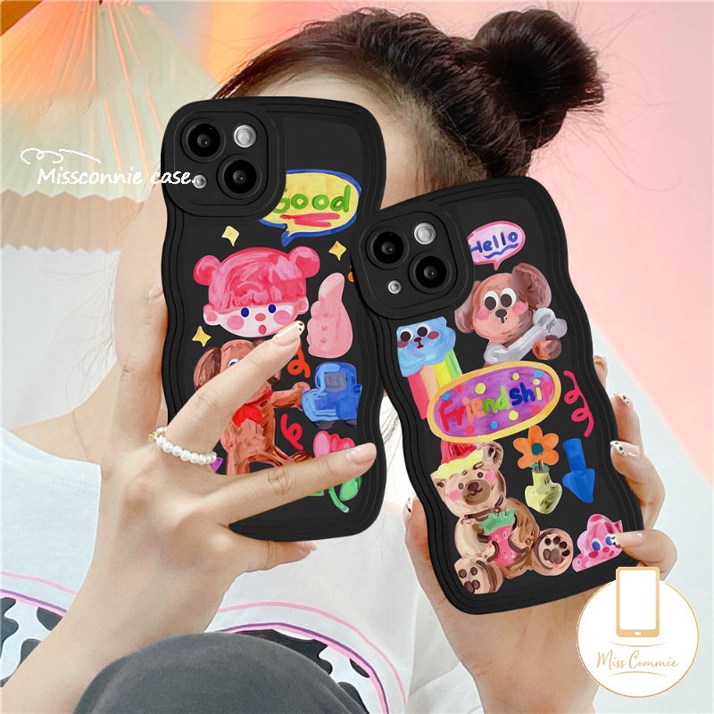 IPHONE Casing Pasangan Kompatibel Untuk Iphone11 14 13 12 Pro Max 6 6s 8 7 Plus XR 14Plus X XS Max SE 2020 Kartun Grafiti Anjing Lucu Populer Gadis Lucu Stiker Lembut Bergelombang Tepi Case