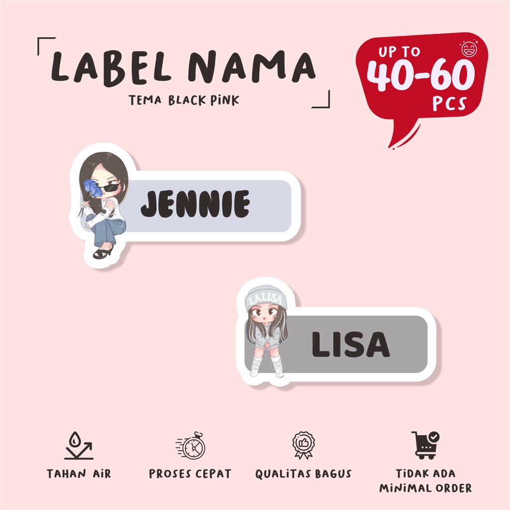 

( 40 - 60 pcs ) cetak label nama BLACK PINK/murah stiker nama anti air