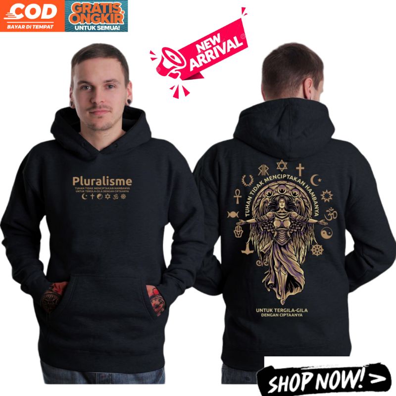 Hoodie Pria Pluralisme Motif Kata Kata Sindiran Toleransi Agama Sweater Cowok Bahan Fleece Premium D