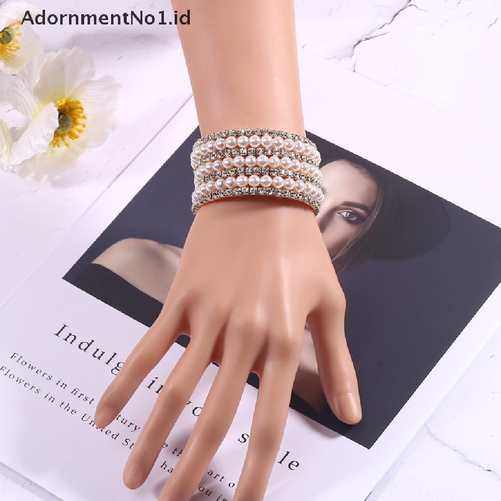 [AdornmentNo1] Baru Perhiasan Pernikahan Lebar 6baris Mutiara Gelang Bangles Untuk Wanita Kristal Perempuan Tangan Gelang Ch Warna Perak Braclet [ID]