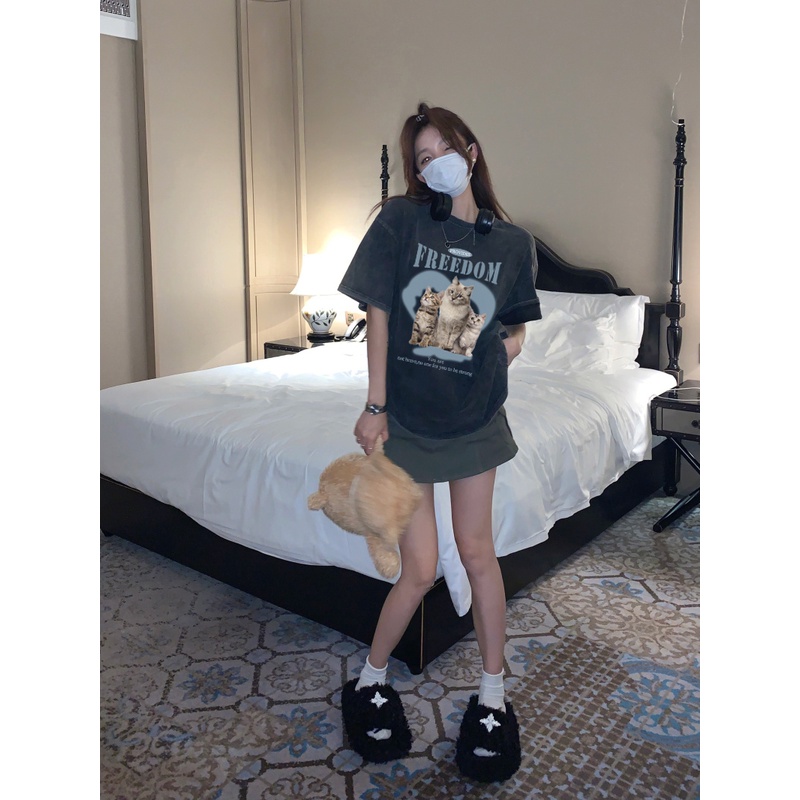 EUNII T-shirt Lengan Pendek Black Washed Cute Cats Printing Korean Style/Kaos Atasan Wanita/Baju Wanita
