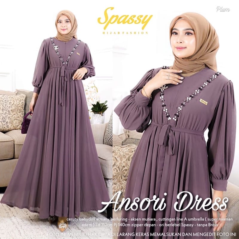 Ansori Dress Kondangan Sage Gamis Wanita Kekinian Busui Friendly Gaun Pesta Muslimah Ceruty Babydoll Aksen Mutiara Baju Wanita Jumbo