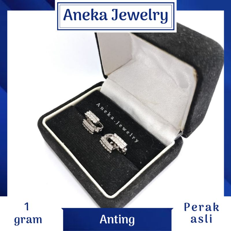 Anting Jepit Mata 2 Baris, Sepuh Emas Putih, Perak 925