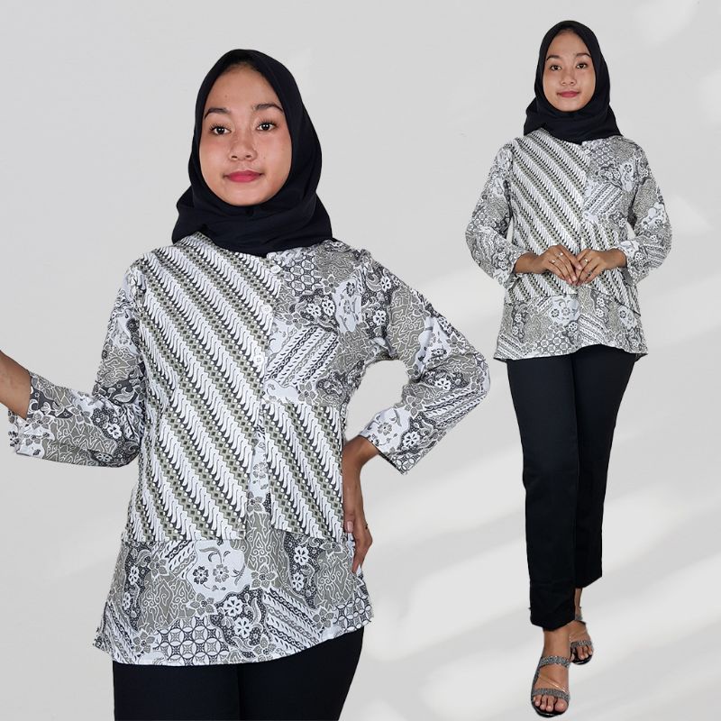 Blus Batik Wanita Motif Kombinasi Lengan Panjang- Naira Batik