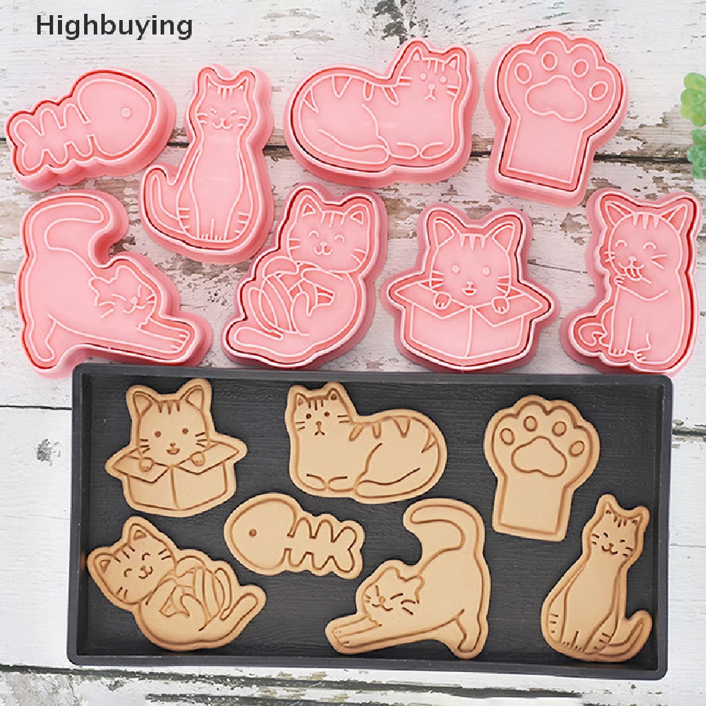 Hbid 8Pcs/set Kucing Hewan Kecil Cookie Pemotong Cetakan Plastik 3D Kartun Dapat Ditekan Biskuit Cetakan Cap Dapur Baking Pastry Bakeware Alat Glory