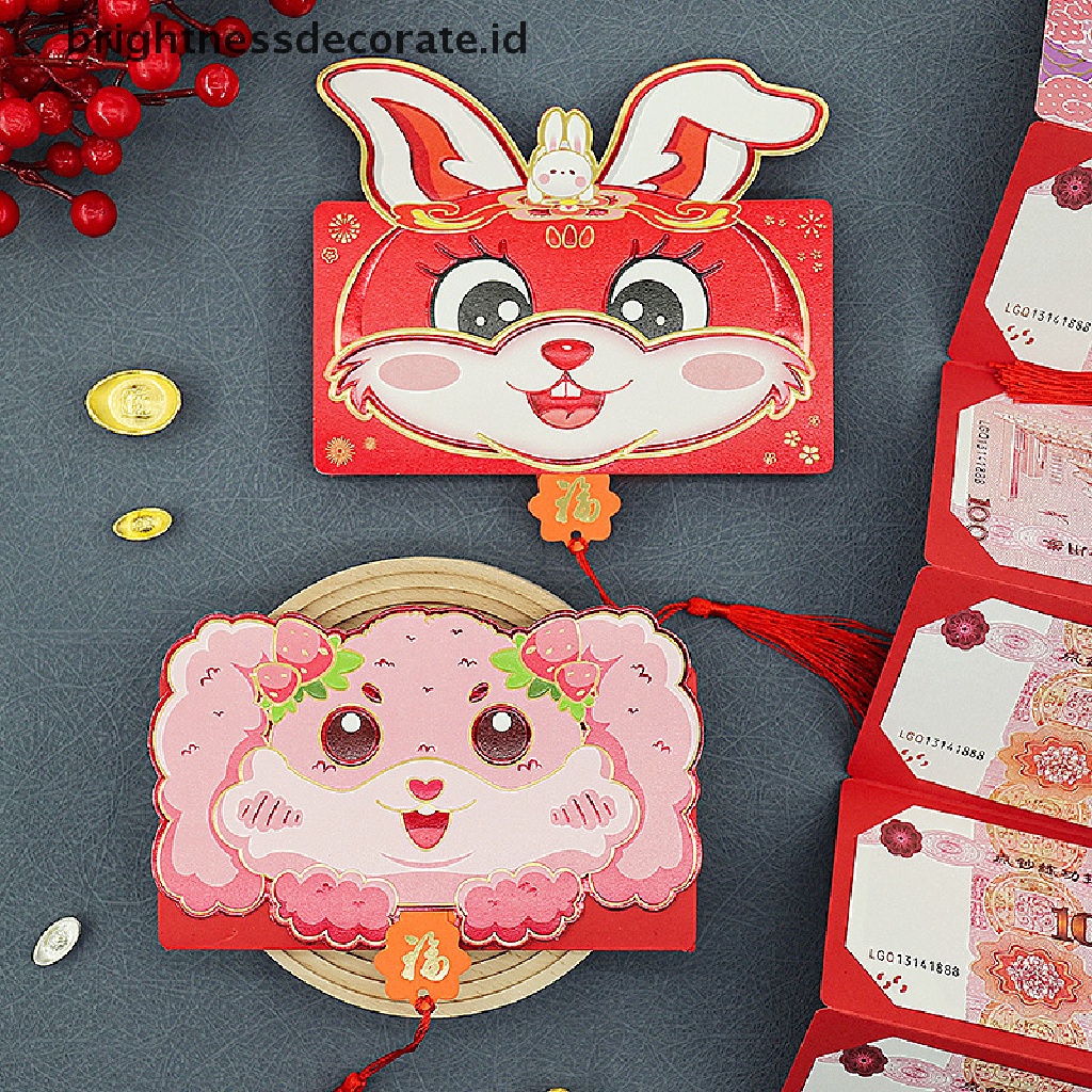 [Birth] 6klip Tahun Baru Maskot Zodiak Kartun Kelinci Merah Packet Lipat Amplop Merah Hadiah Festival Musim Semi Kantong Uang Keberuntungan Merah [ID]