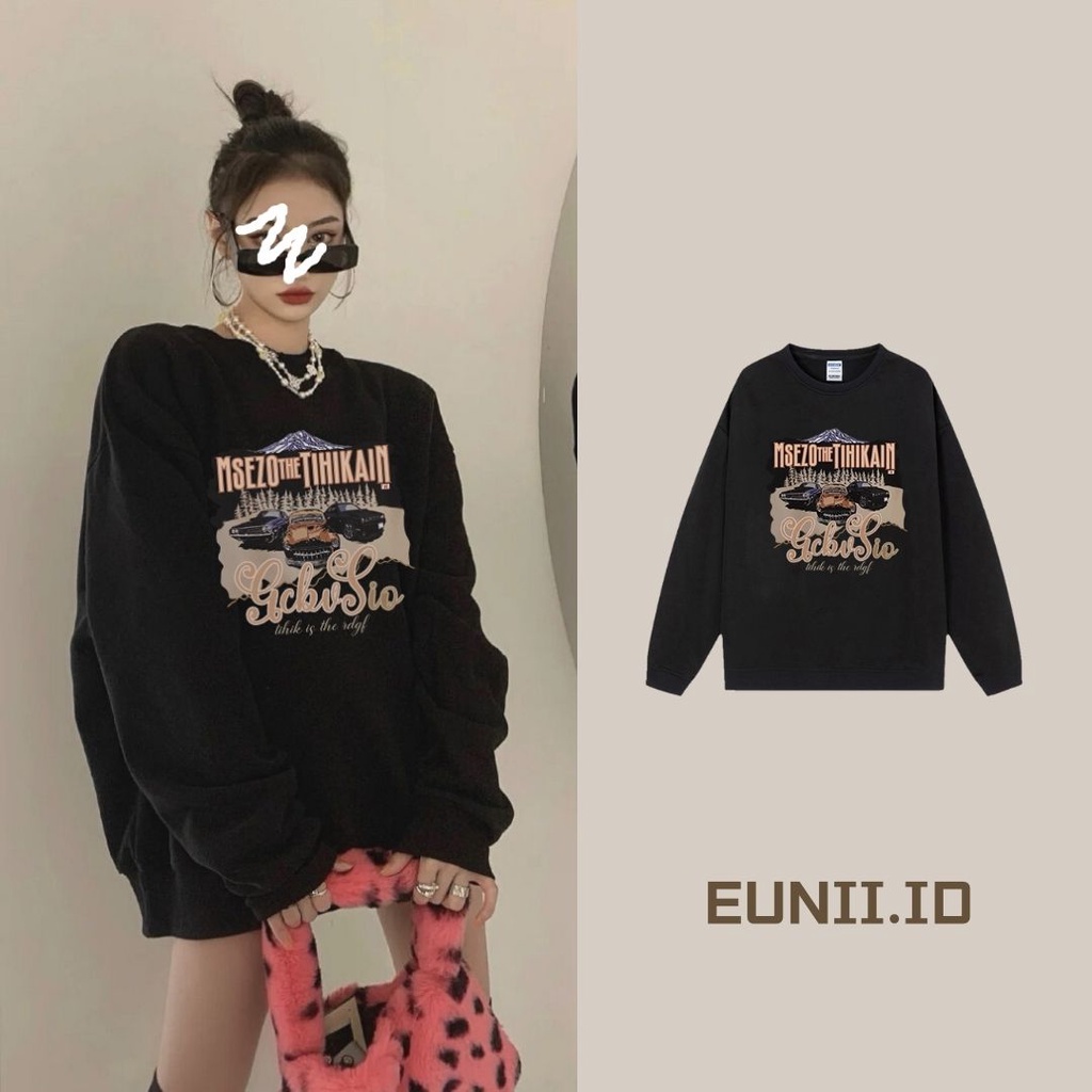 EUNII Sweater Lengan Panjang Retro Three Car Prting Korean Style/Sweater Crop/Baju Wanita/Switer Wanita/Switer