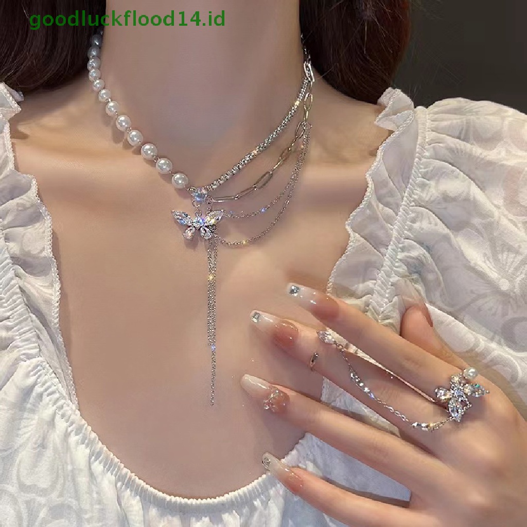 [GOOGFOUR] Kalung Kupu-Kupu Kristal Mengkilap Kalung Rantai Klavikula Mutiara Multi-layer Yang Indah Untuk Wanita2022 Tren Perhiasan Aesthetic [TOP]