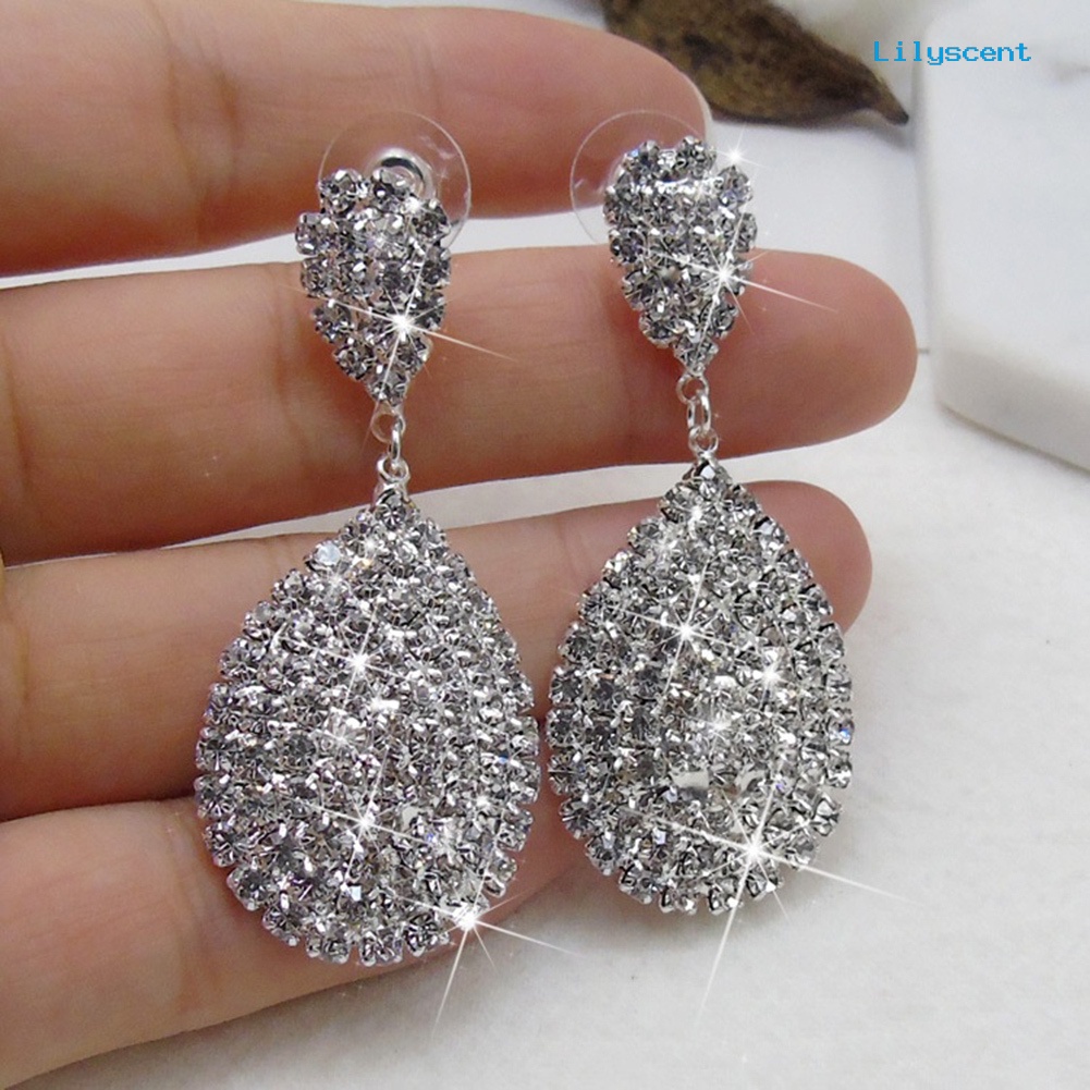 [LS] Wanita Fashion Berlian Imitasi Tetesan Air Menjuntai Stud Earrings Perhiasan Pesta Pernikahan