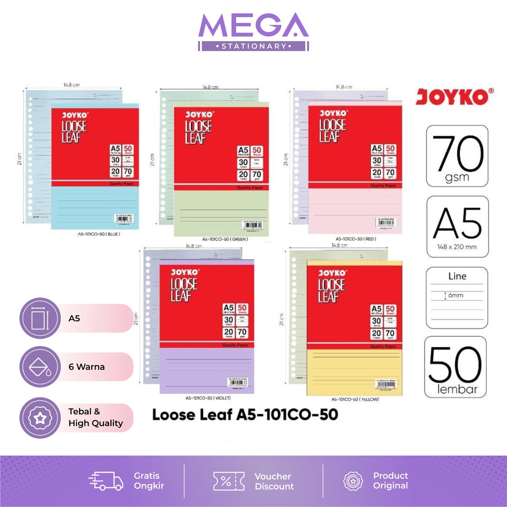 

Loose Leaf warna A5 - Color Isi Kertas File Binder Warna Joyko A5