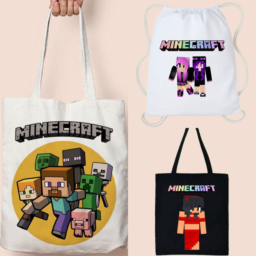 Totebag Tote Bag Minecraft Lucu Goodie Bag Souvenir Ulang Tahun Ultah Tas Kanvas Les Anak Sekolah Bingkisan Snack