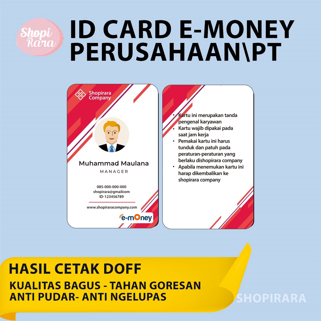 

ID CARD CUSTOM PERUSAHAAN/PT MENGGUNAKAN KARTU EMONEY MANDIRI