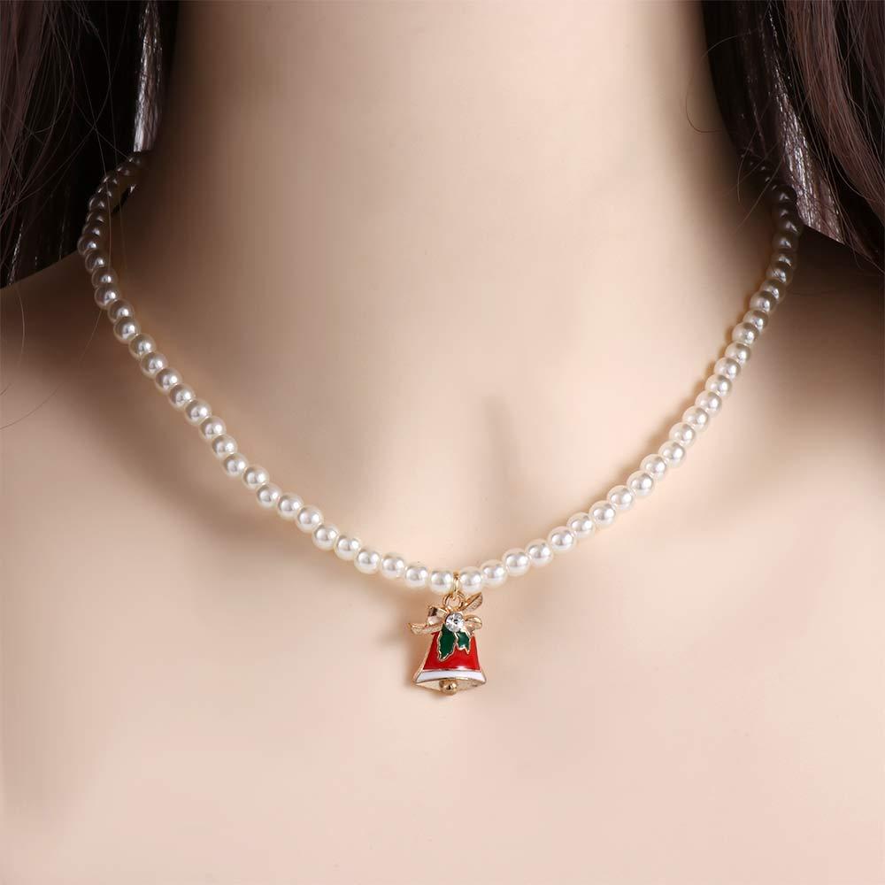 Needway  Kalung Natal All-match Kepribadian Fashion Mutiara Imitasi Pohon Natal Christmas Masa Kini Bell Rantai Ganda Aksesoris Perhiasan Wanita